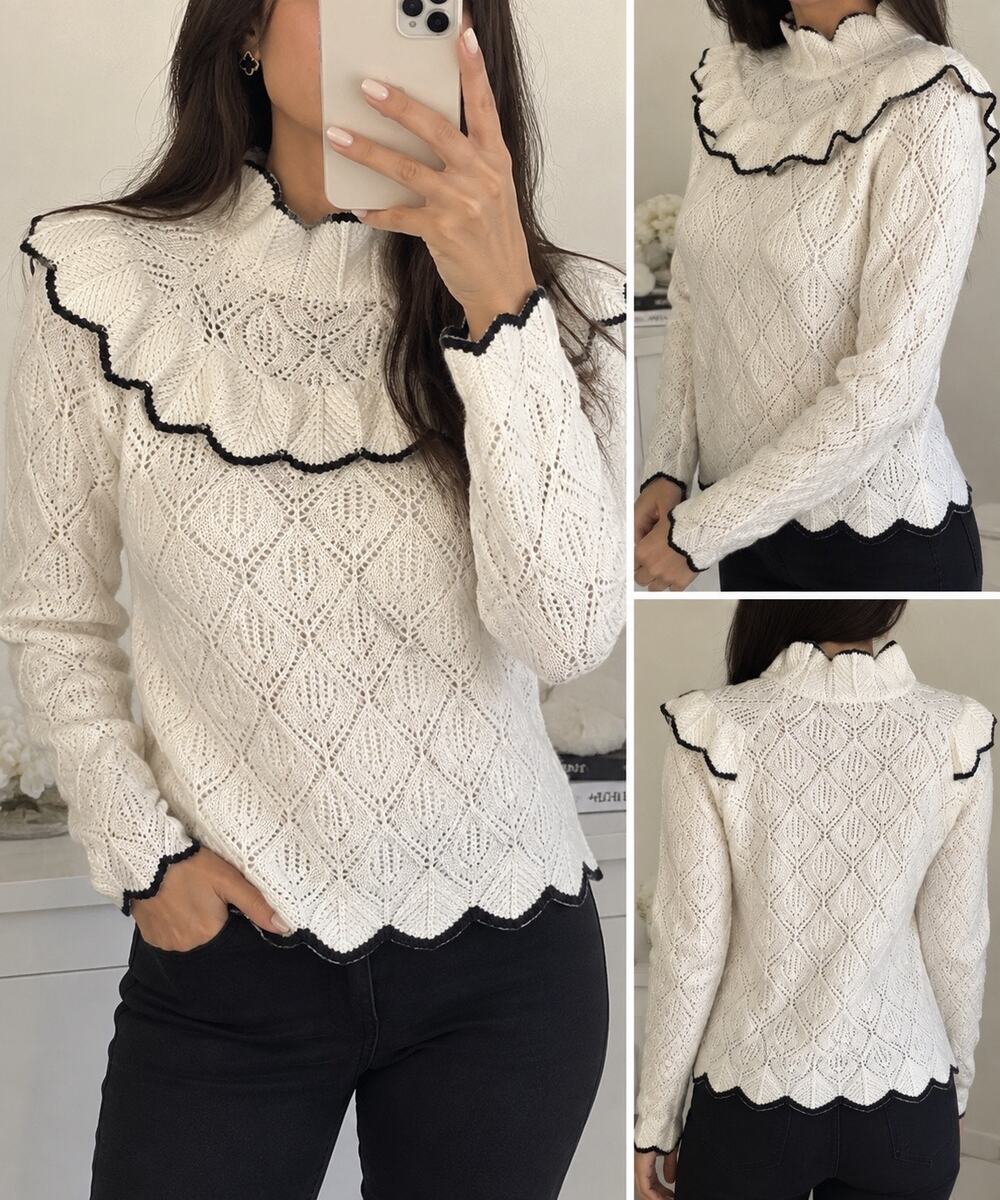 Belldini Women’s White Ruffle Sweater Black Trim Scalloped Long Sleeve size /M